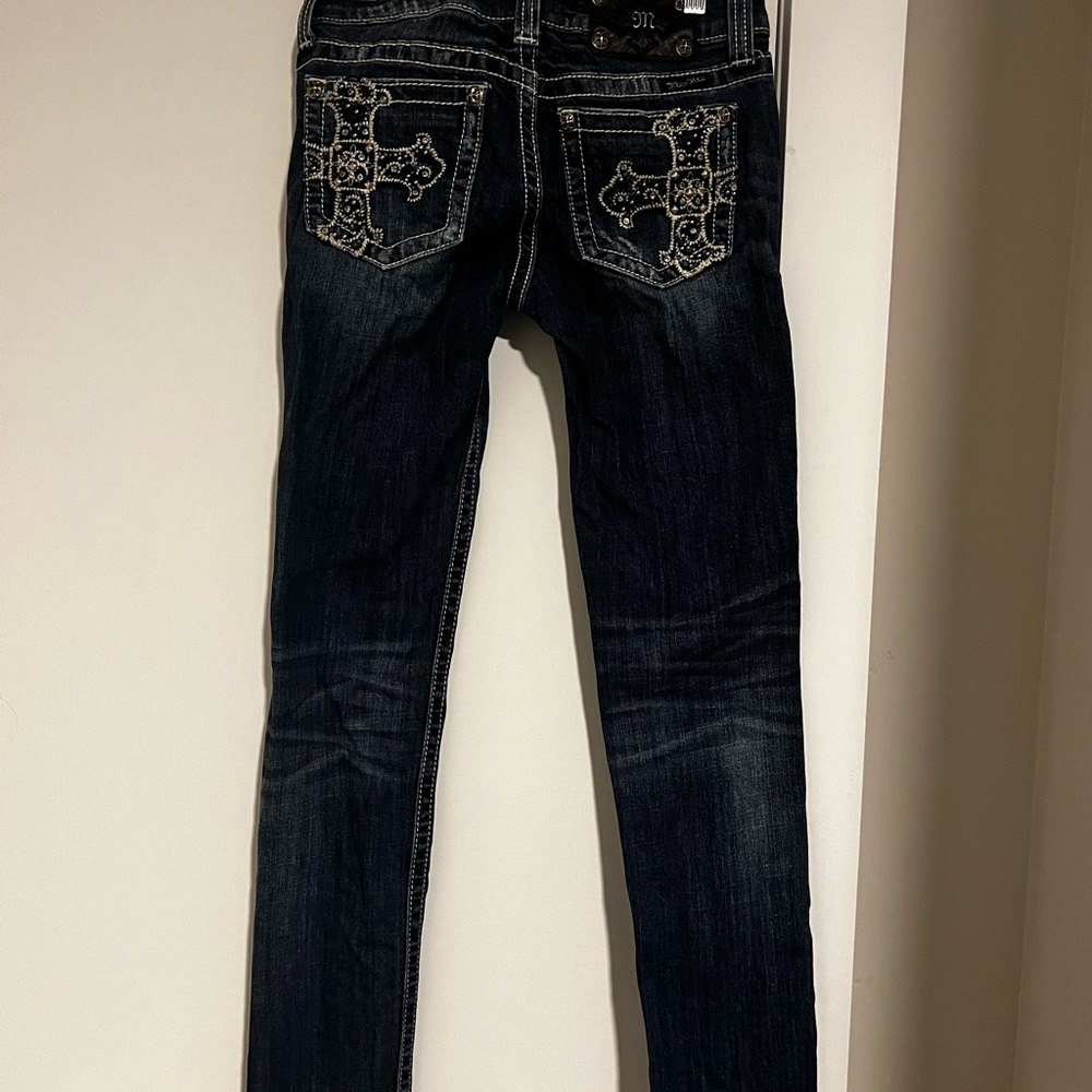 Dark Blue Miss Me Sequined Cross Pocket Vintage Y2K Skinny Jeans
